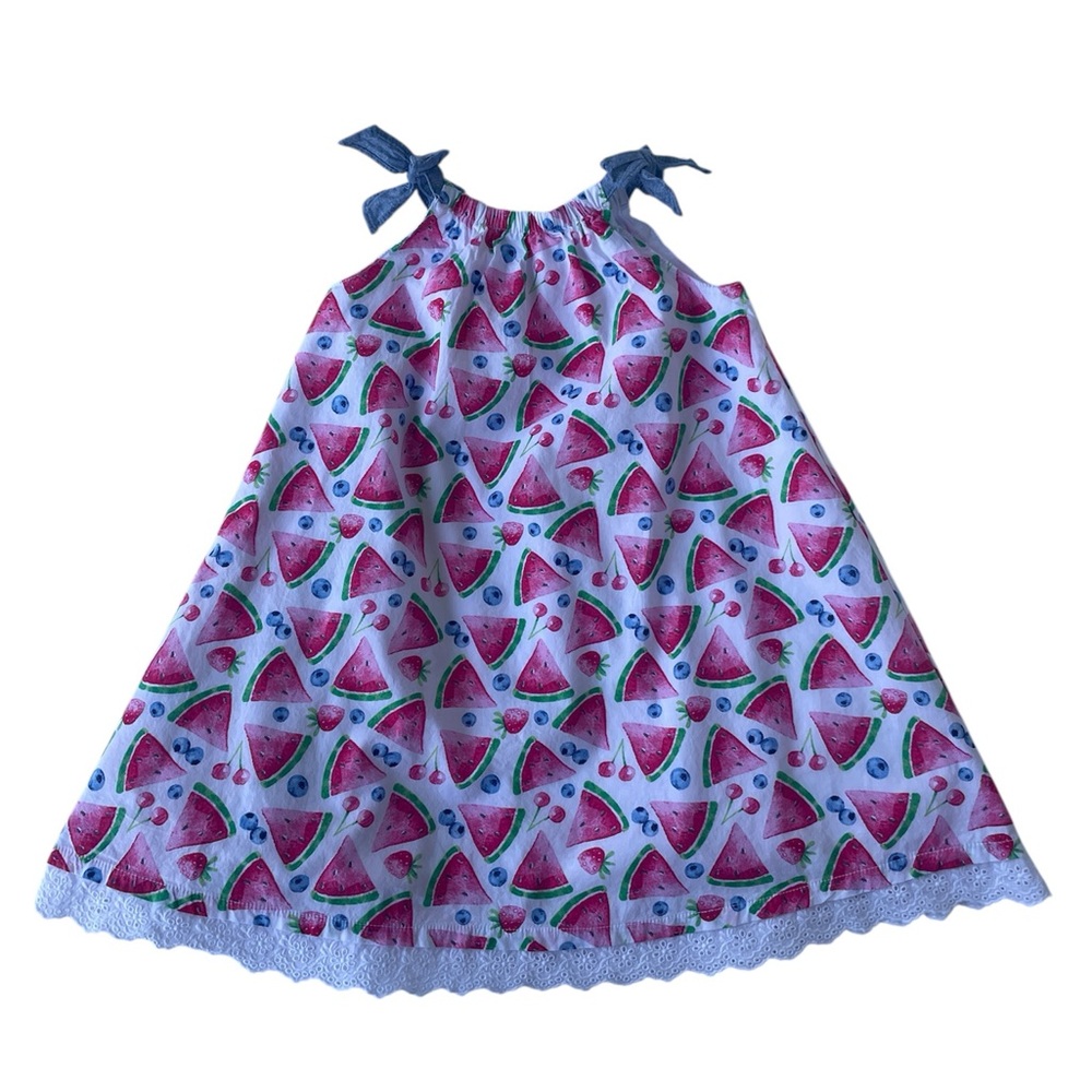 Crown & Ivy Watermelon Fruit Print Dress White Pink Lace 100% Cotton Girl's 4T